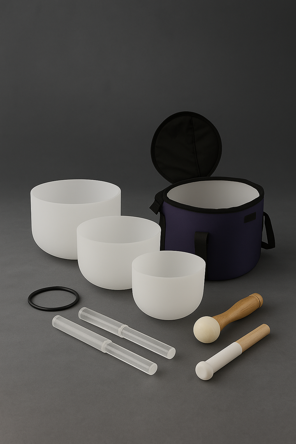 3 White Crystal Bowls Harmonic Set With Accessories